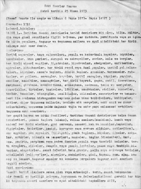 Eski eserler kanunu. Kabul tarihi: 25 Nisan 1973