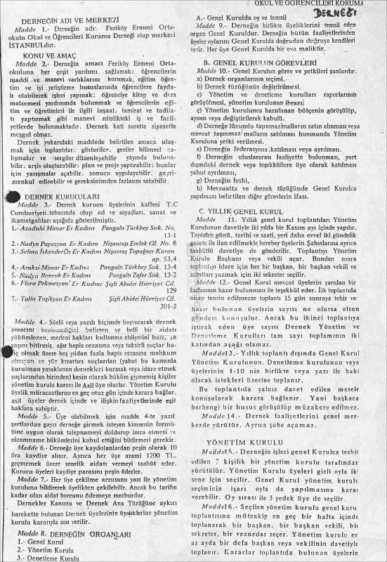 Feriköy Ermeni Ortaokulu Okul ve Öğrencileri Koruma Derneği Ana Tüzüğü [1973]