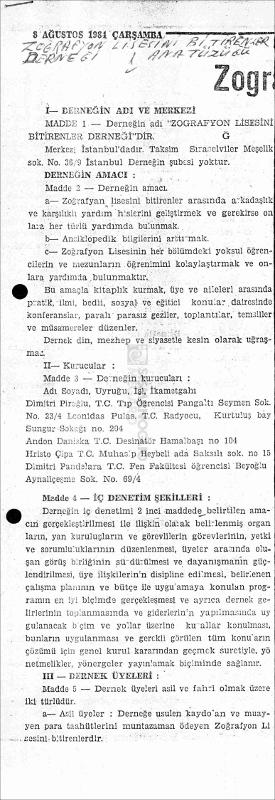 Zografyon Lisesini Bitirenler Derneği Ana Tüzüğü [1984]
