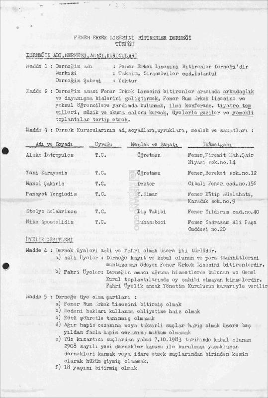 Fener Erkek Lisesini Bitirenler Derneği Tüzüğü [1984]