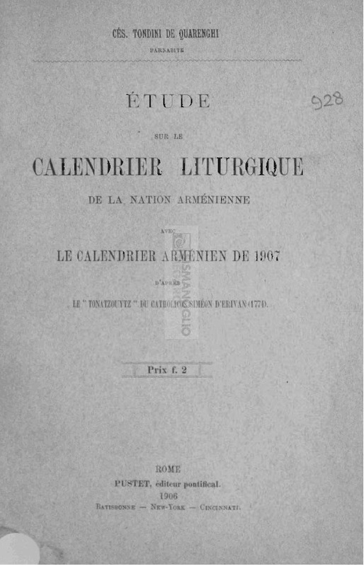 Étude sur le calendrier liturgique de la nation arménienne avec le calendrier arménien de 1907 d'après le 