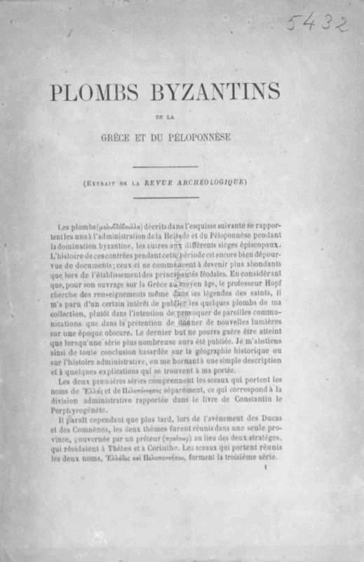Plombs byzantins de la Grèce et du Péloponnèse / par A. Mordtmann Jr.