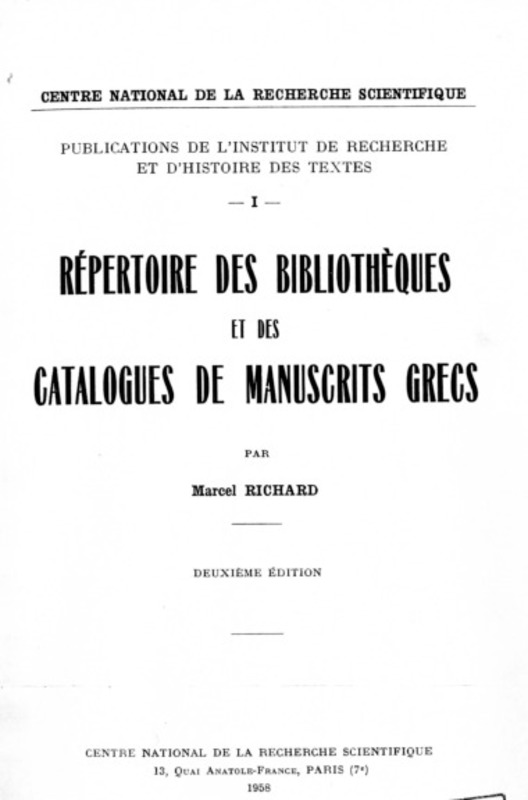Repertoire des bibliotheques et des catalogues de manuscrits grecs - Veria